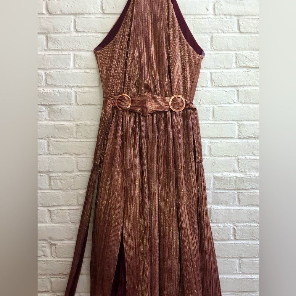 EVA MENENDEZ Metallic Bronze halter top midi Dress Sleeveless Spaghetti straps